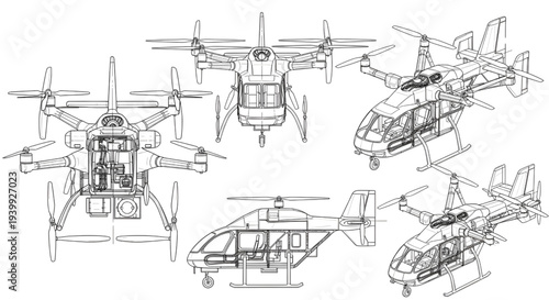 Passenger Drone Aircraft AutoCAD Blueprint Vector – Multi View Aerial Transport Technical Drawing