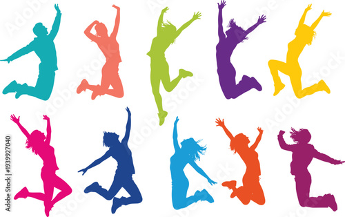 colorful jumping people silhouettes in vibrant colors, joyful men and women leaping high with raised arms, energetic celebration group vector jumping people silhouettes in vibrant colors