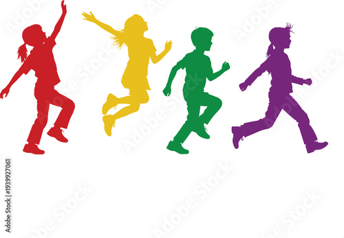 colorful silhouette children jumping and running joyfully, red yellow green purple kids in motion, playful energetic boys and girls activity vector illustration