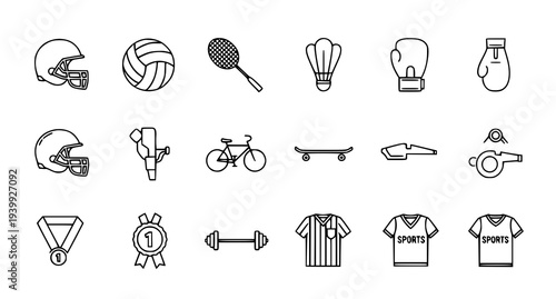 A set of minimalist line art icons representing various sports equipment and symbols