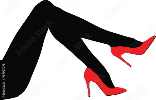 Elegant black silhouette female legs in seductive pose, crossed thighs wearing bright red high heel shoes, fashion glamour vector illustration