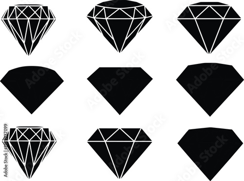 Diamond gemstone silhouettes set, faceted black diamond shapes with various cuts and views, luxury jewel vector icons isolated on white for jewelry, wealth and elegance design projects