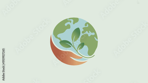 Earth with green leaves growing out of it symbolizing eco friendly and sustainable living on a light green background
