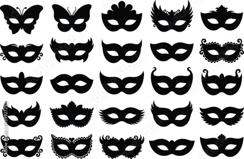 Masquerade mask silhouettes collection, elegant Venetian carnival masks with butterfly wings, feathers, crowns, mustaches and ornate decorations, black vector set for party, mystery and festi