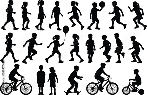 Silhouette of happy active children running jumping playing with balloon and ball, kids riding bicycles skateboarding outdoors on grass joyful childhood scene