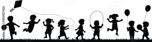 Silhouette of happy children playing outdoors, kids running with kite, jumping rope, holding balloons and ball, joyful childhood fun, grass field background