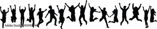 Silhouette of happy group jumping in joy, excited people celebrating success, victory jump crowd, cheerful friends leaping together, energy and happiness, black isolated background