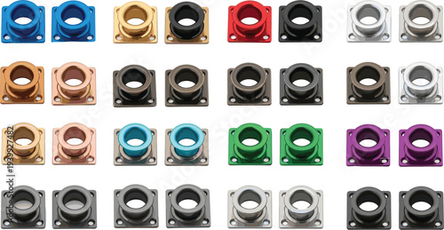 Metal Pipe Flange Bearings Collection Industrial Mechanical Mount Components Color Variations Vector Illustration Set