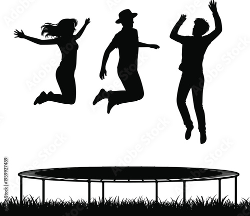 Silhouette of joyful friends jumping high on trampoline, dynamic leap poses, happiness, fun activity, outdoor summer recreation, energetic group play