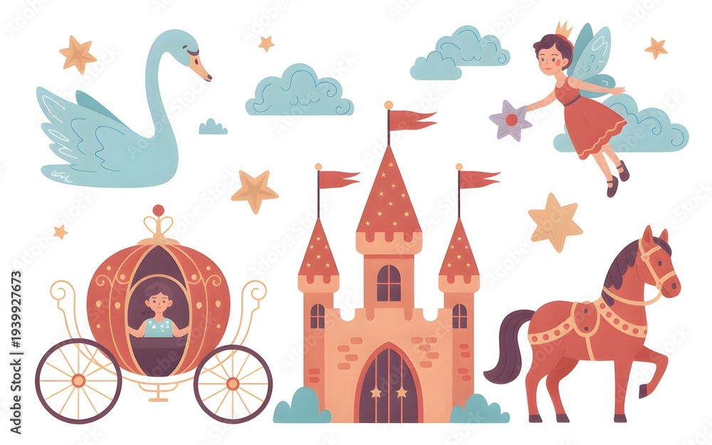 Fototapeta premium Whimsical fairy tale scene with magical castle and royal carriage