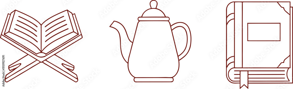 Obraz premium Open book on stand, teapot and closed book with bookmark, religious and everyday objects