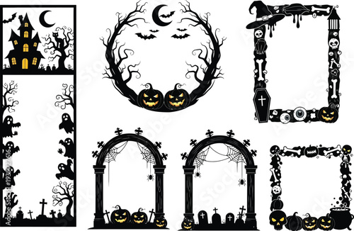 Collection of spooky halloween elements including haunted house, circular frame, arches, and decorative borders