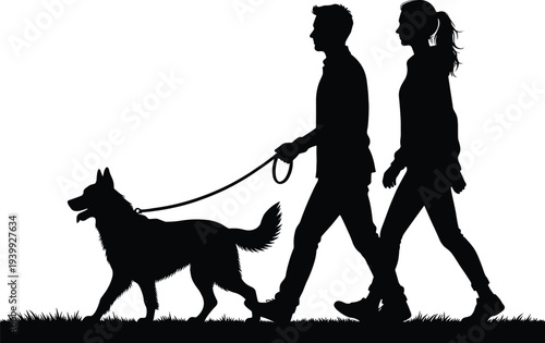 Silhouette of young couple walking dog together on grass, man and woman with German Shepherd on leash outdoors, romantic pet stroll scene