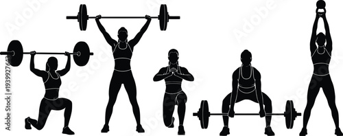 Collection of silhouettes of women performing weightlifting exercises with barbells