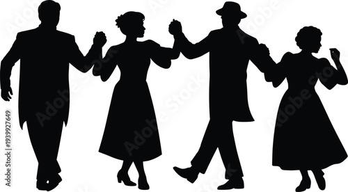 Silhouette of vintage swing dance group, four people holding hands dancing together, retro couple and partners in classic 1940s style joyful motion