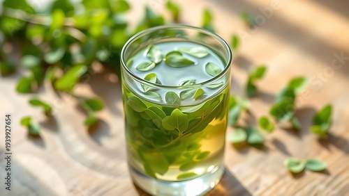 woodruff. Woodruff leaves floating in herbal tea on a wooden table with natural green tones. bar promotions, beverage menus, designed for food & beverage menus and cafe branding.