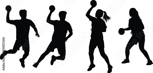 Silhouettes of male and female handball players in action with balls on checkered background