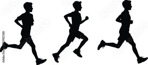 Silhouette of young man running in sequence, three stages of sprinting athlete, dynamic running motion, fitness training, marathon runner profile, black isolated background