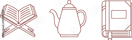 Open book on stand, teapot and closed book with bookmark, religious and everyday objects