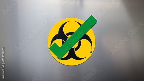 biohazard. A yellow biohazard triangle symbol covered by a large green checkmark on metal. STEM education sheets, lab safety posters, designed for biotech research communications.