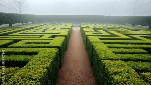 privet. Manicured privet hedge maze in a formal garden enveloped in morning mist. menu design, packaging mockups, designed for food delivery and cloud-kitchen brand materials, used by professors.