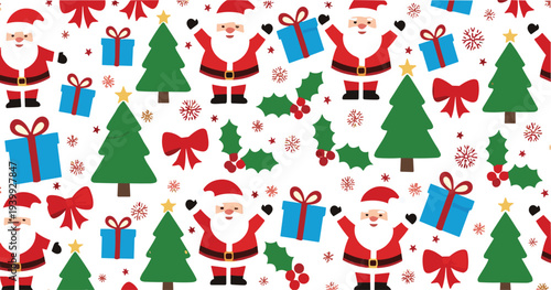 Seamless Christmas pattern with Santa Claus gift boxes pine trees bows holly berries and snowflakes festive holiday vector background