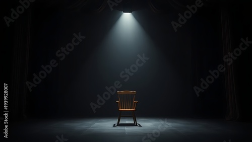 drama. An empty theater stage with a single wooden armchair under a dramatic spotlight. event programs, museum guides, designed for cultural heritage projects and event programs, preserves heritage.
