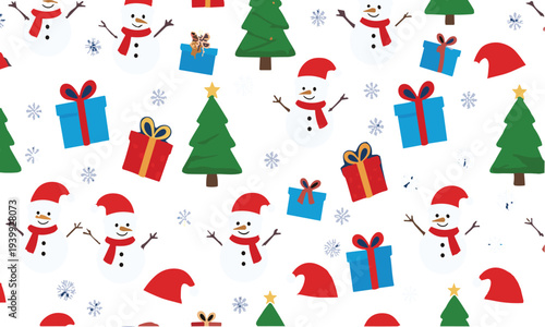 Seamless Christmas pattern with snowman Santa hats gift boxes pine trees and snowflakes festive winter holiday vector background