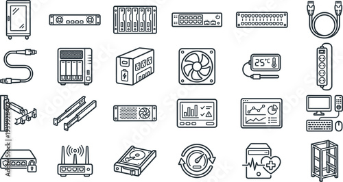 Homelab server rack and networking equipment line icons set including NAS router switch cables UPS monitoring dashboard and hardware