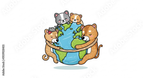 Cute animals hugging the earth symbolizing unity and environmental conservation together