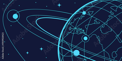Digital network globe with glowing dots representing global communication, big data systems, and technology innovation.