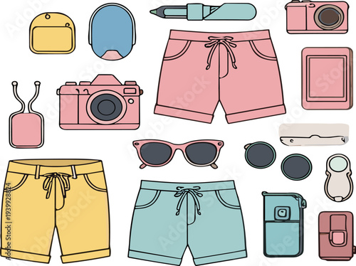 Summer travel essentials flat vector collection with camera sunglasses backpack shorts gadgets accessories colorful modern tourism equipment set