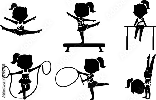 Cute little girl gymnast silhouette vector cartoon illustration

