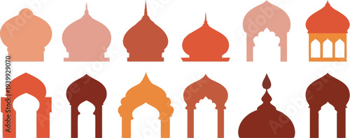Collection of ten different Islamic or Moorish architectural dome and arch silhouettes rendered in warm terracotta and orange tones.
