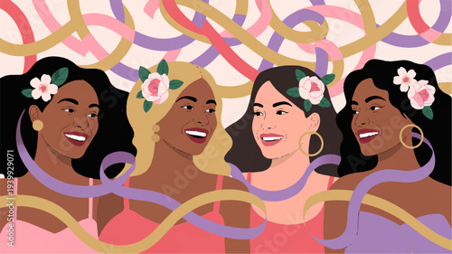 Diverse women with flowers in hair smiling together in colorful illustration with swirling ribbons