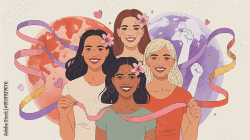 Diverse group of four smiling women with flowers in hair standing together in unity and friendship with colorful abstract background