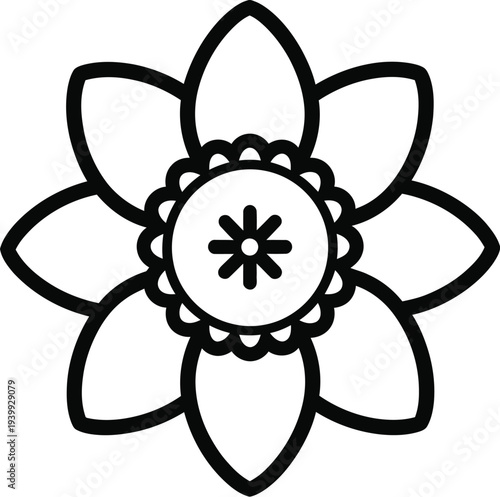 Simple black line art icon depicts a detailed representation of a blooming narcissus flower head on a white background.