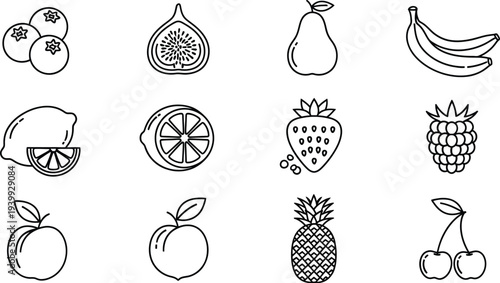 Assortment of twelve different fruit icons rendered in a clean, black outline style suitable for diet or grocery applications.