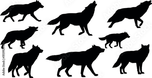Collection of wolf silhouettes in various poses
