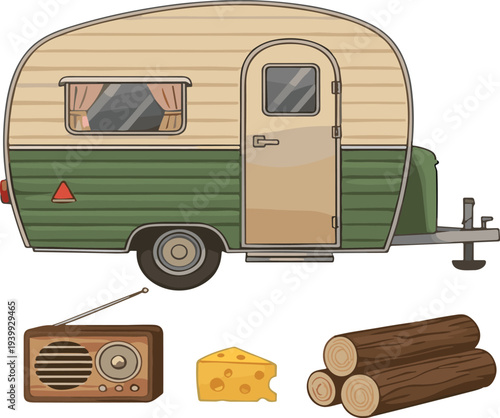 Vintage camping trailer caravan with retro radio cheese and firewood logs cute travel camping vector illustration set