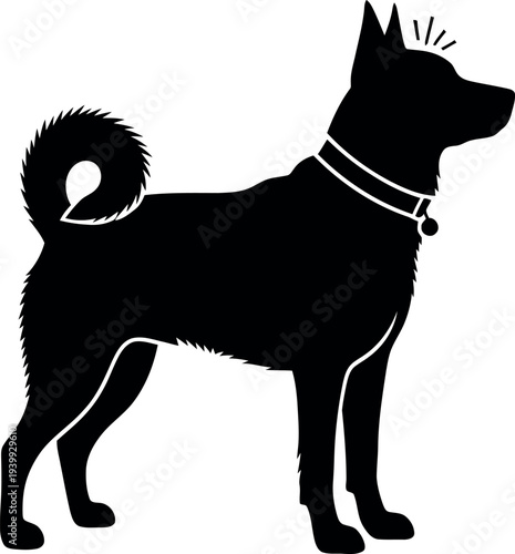 A black dog silhouette with a collar and curled tail standing on a white background