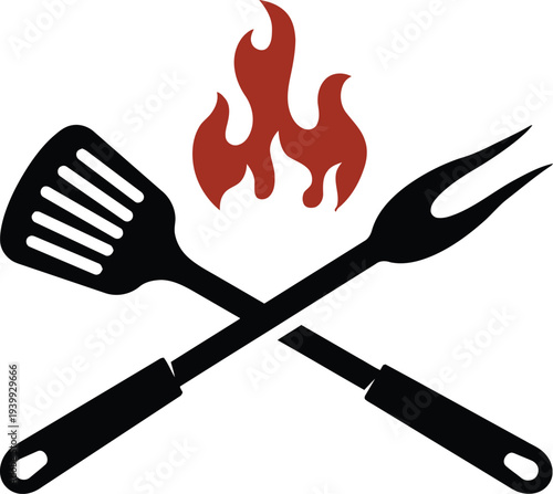 Crossed barbecue grilling tools with flames representing outdoor cooking and summer feasts perfect for restaurant menus and food blogs