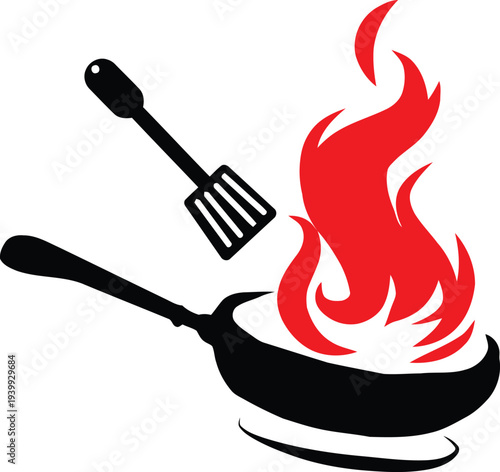 Frying pan with spatula and flames representing cooking and culinary concepts ideal for restaurant menus and food blogs