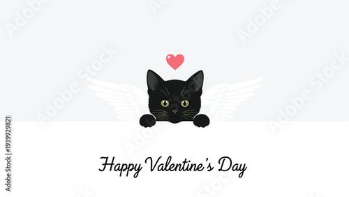 Adorable black kitten with white wings peeking over a white border with happy valentine day greeting text for holiday cards.