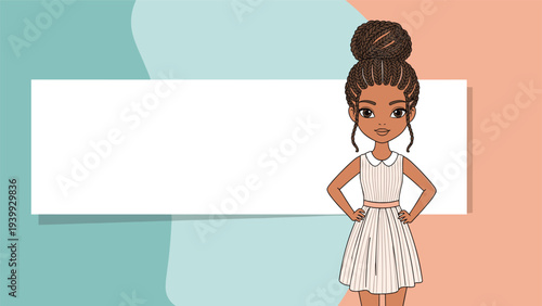 Beautiful young woman with braided bun hairstyle wearing a sleeveless dress standing next to a white banner for text.