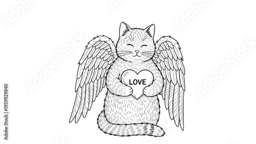 Black and white line art illustration of a fluffy cat with angel wings holding a heart with the word love for coloring book.