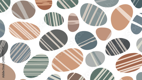 Seamless pattern featuring various oval shaped sea stones with different striped patterns in natural earthy colors.