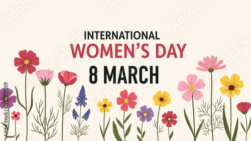 International Women's Day greeting card with colorful wild flowers and meadow plants on a light cream background.