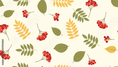 Seamless autumn pattern with bright red rowan berries and various green and yellow autumn leaves on a cream background.