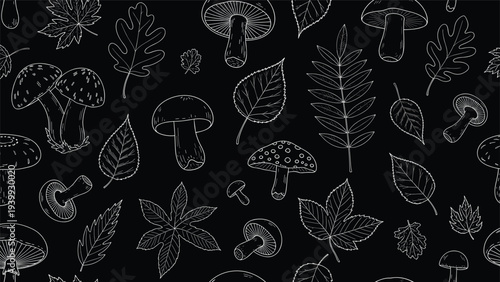 Hand-drawn white outlines of various mushrooms and autumn leaves form a detailed seamless pattern on a solid black background.
